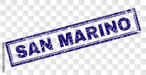 SAN MARINO stamp seal watermark with rubber print style and double framed rectangle shape. Stamp is placed on a transparent background. Blue vector rubber print of SAN MARINO tag with unclean texture.