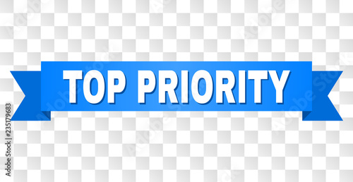 TOP PRIORITY text on a ribbon. Designed with white title and blue stripe. Vector banner with TOP PRIORITY tag on a transparent background.