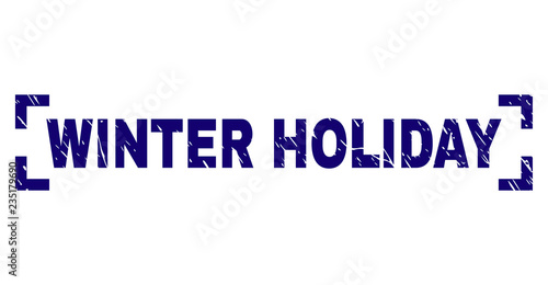 WINTER HOLIDAY caption seal print with distress texture. Text caption is placed between corners. Blue vector rubber print of WINTER HOLIDAY with unclean texture.