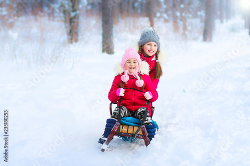 joyful children sledding on a winter vacation in the park. Children's leisure in winter