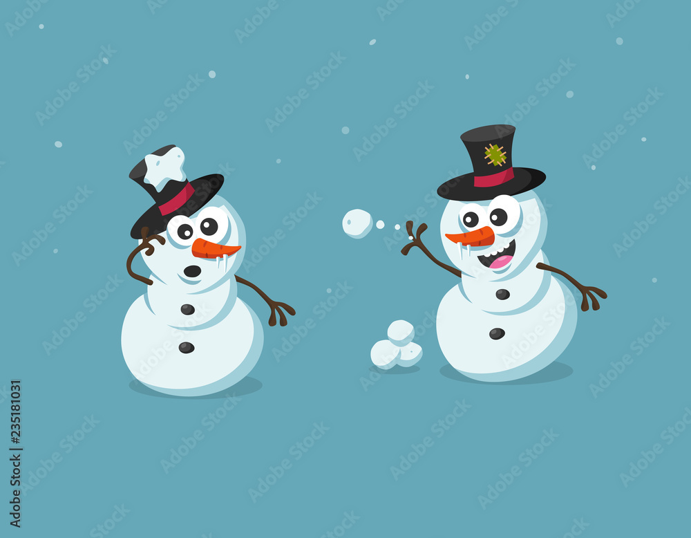 Funny illustration of cute snowman figures with snowballs. Flat design style isolated on light blue background.