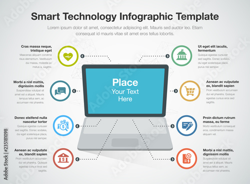 Infographic for smart technology template with laptop as main symbol, colorful circles and icons. Easy to use for your website or presentation.