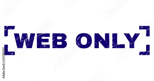 WEB ONLY tag seal stamp with grunge texture. Text tag is placed inside corners. Blue vector rubber print of WEB ONLY with dust texture.