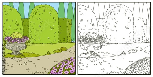 Palace Park with topiary and flowers in a flowerpot and flowerbed coloring book
