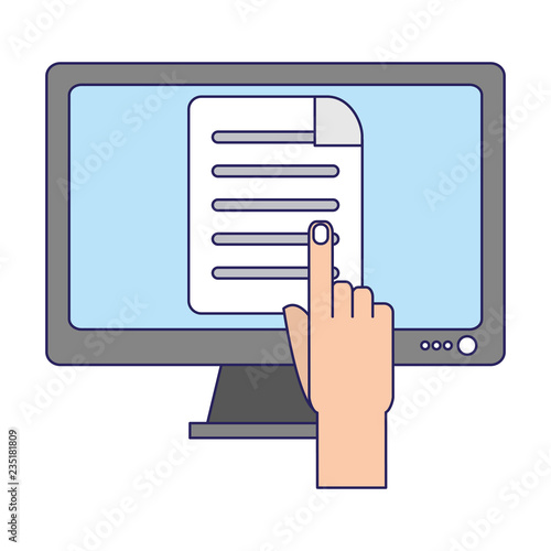 Hand pointing computer screen blue lines