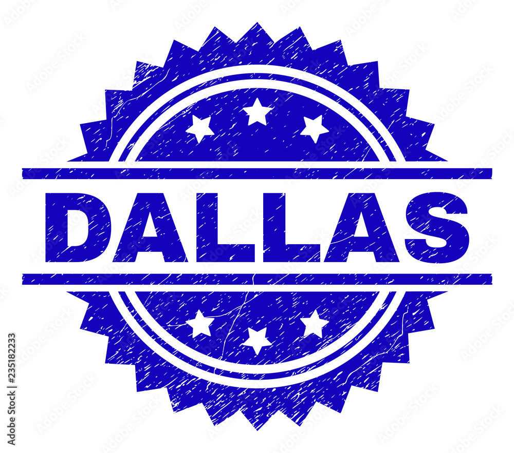 DALLAS stamp seal watermark with distress style. Blue vector rubber