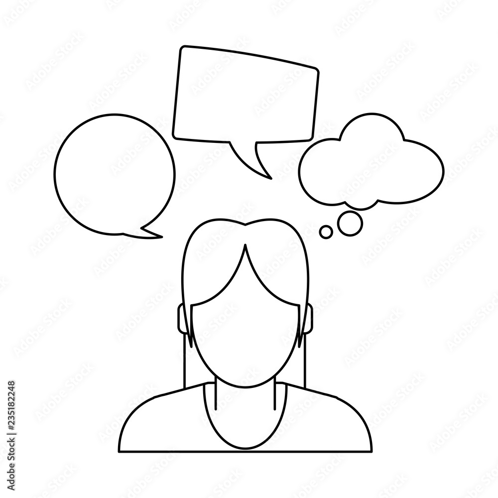 Woman with speech bubbles in black and white Woman with speech bubbles in black and white