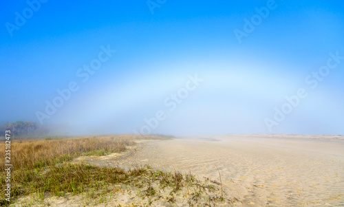 Fototapeta Naklejka Na Ścianę i Meble -  Rare Fogbow or White Rainbow Caused by Dense Fog and Sunlight Over the River the Beach and the Marsh Grass