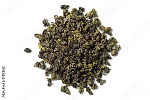 Green tea on white background. Top view. Close up. High resolution