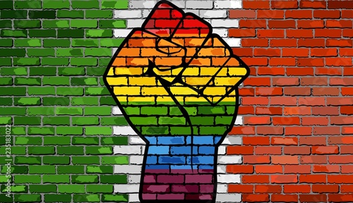 LGBT Protest Fist on a Italy brick Wall Flag - Illustration, 
Brick Wall Italy flag and Gay flags