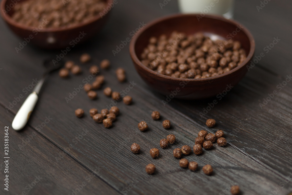 Whole grain Breakfast. Chocolate balls with milk Whole grain Breakfast. Chocolate balls with milk