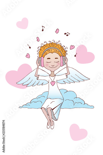 Valentine's Day greeting card for print. Angel sitting on a cloud on the background of hearts and music. Listen to music.