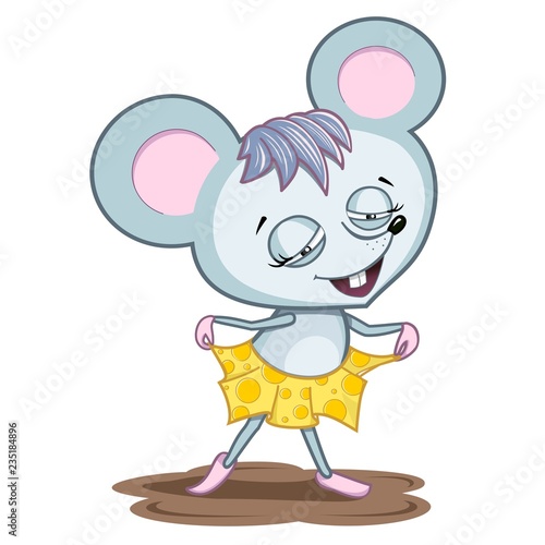 pleased fashionable cartoon mouse in a skirt of cheese