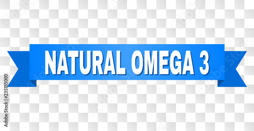 NATURAL OMEGA 3 text on a ribbon. Designed with white caption and blue tape. Vector banner with NATURAL OMEGA 3 tag on a transparent background.