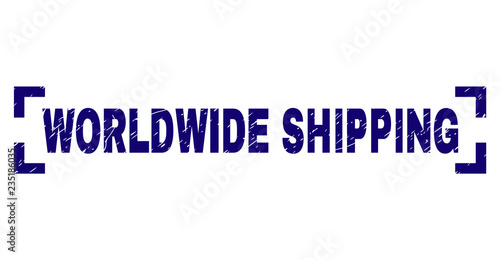 WORLDWIDE SHIPPING text seal print with corroded texture. Text tag is placed inside corners. Blue vector rubber print of WORLDWIDE SHIPPING with scratched texture.