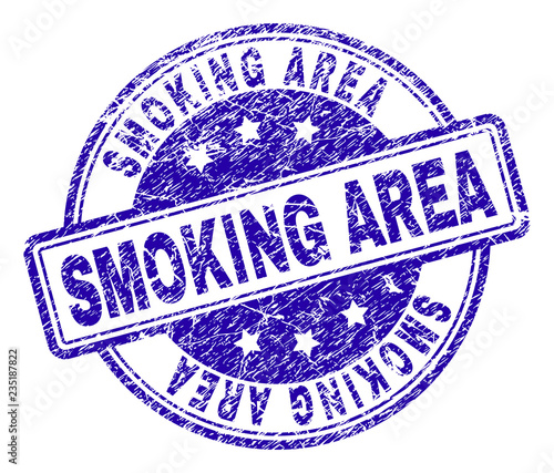 SMOKING AREA stamp seal imprint with grunge texture. Designed with rounded rectangles and circles. Blue vector rubber print of SMOKING AREA label with grunge texture.