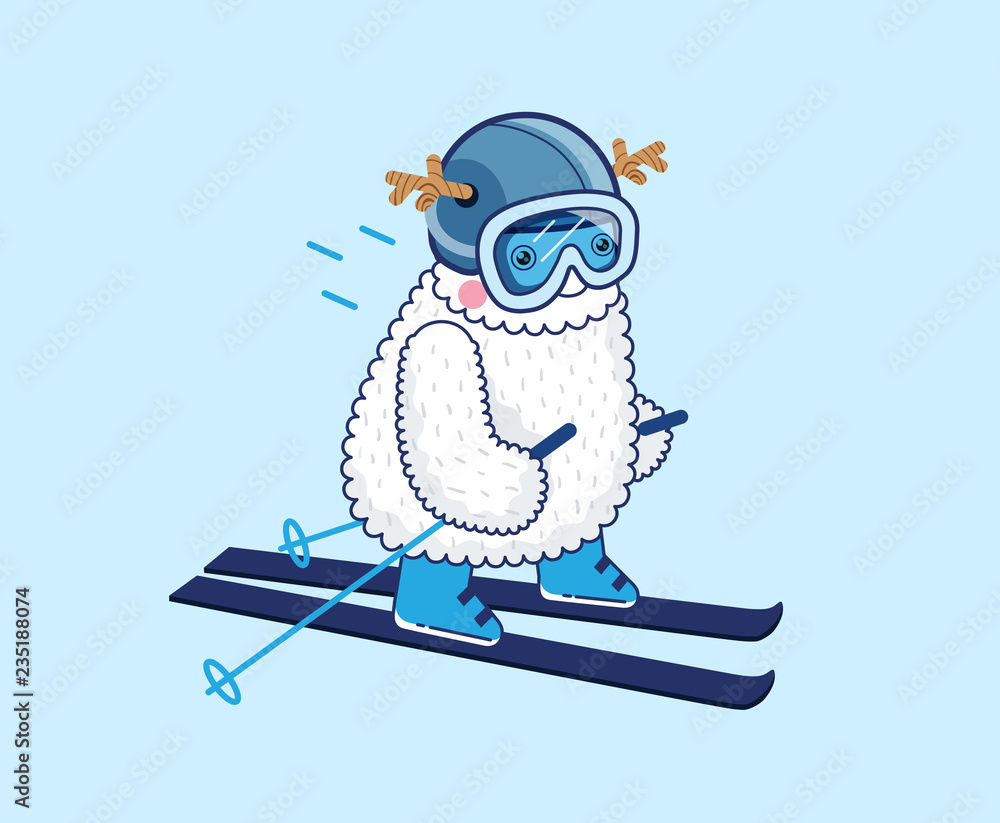 Cute Yeti skiing with ski gear Stock Illustration