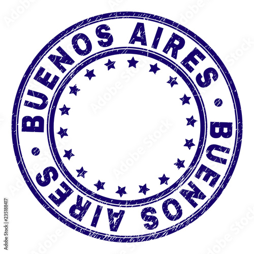 BUENOS AIRES stamp seal watermark with distress texture. Designed with circles and stars. Blue vector rubber print of BUENOS AIRES tag with dust texture.