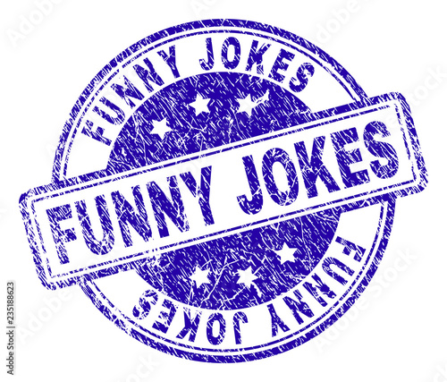 FUNNY JOKES stamp seal imprint with grunge texture. Designed with rounded rectangles and circles. Blue vector rubber print of FUNNY JOKES tag with dust texture.