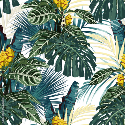 Tropical exotic floral green and blue monstera palm leaves seamless pattern, yellow flowers. Exotic jungle wallpaper on white background. abstract aloha background beach beautiful bird blossom botanic