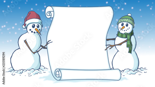 Merry Christams blank scroll card parchment held by two snowmen