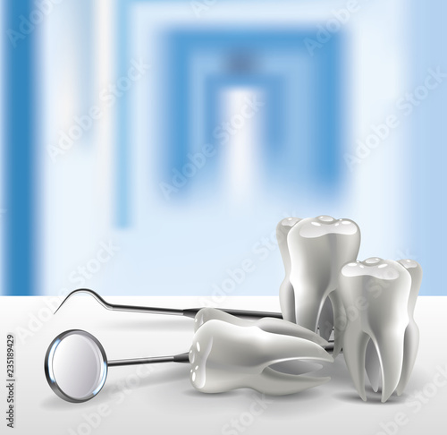 Set dentist tools on table close up