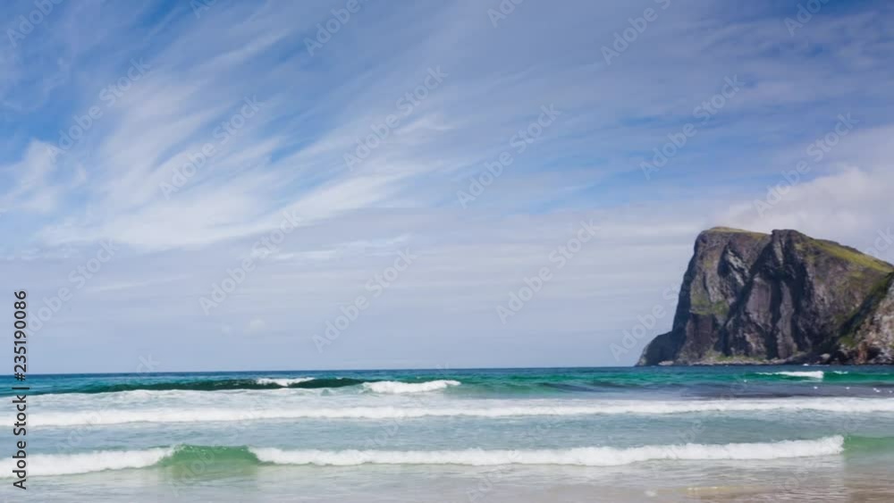 An establishing shot of the Kvalvika beach and the Ryten mountaintop on a sunny summer day. Lofoten islands, Norway.