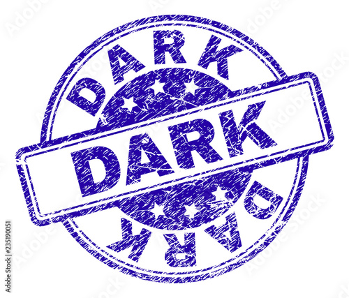 DARK stamp seal imprint with distress texture. Designed with rounded rectangles and circles. Blue vector rubber print of DARK label with dirty texture.