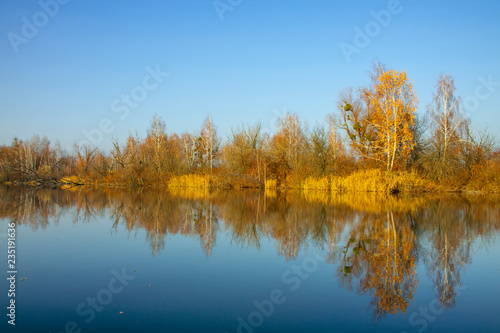 Beautiful autumn trees reflecting on the smooth water surface. Warm autumn day on the lake. River bank landscape.