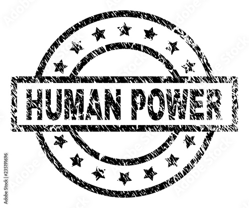 HUMAN POWER stamp seal watermark with distress style. Designed with rectangle, circles and stars. Black vector rubber print of HUMAN POWER title with unclean texture.