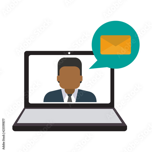 Businessman on laptop screen sending email