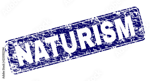 NATURISM stamp seal print with distress texture. Seal shape is a rounded rectangle with frame. Blue vector rubber print of NATURISM caption with grunge texture.