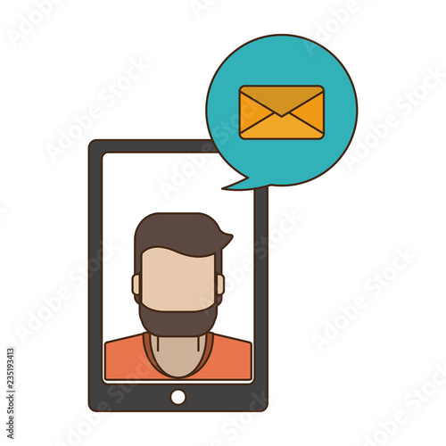 Man sending email on smartphone screen