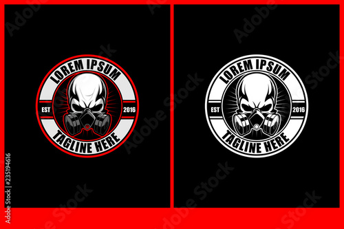 skull head with gas mask vectorur stamp or round logo template