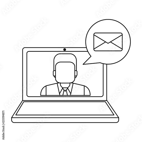 Businessman on laptop screen sending email black and white