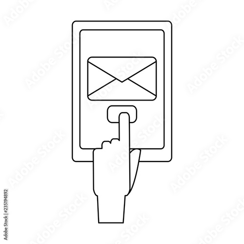 Hand sending email from tablet black and white