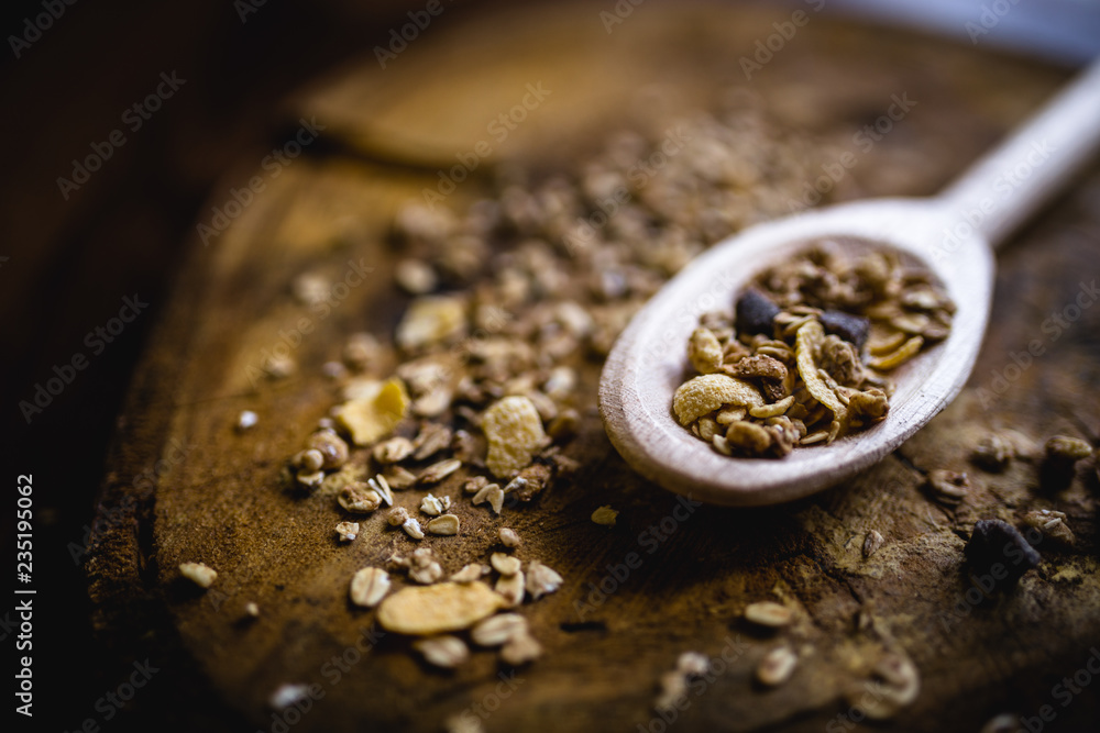 wooden spoon with oats, cereal and seeds. wooden spoon with oats, cereal and seeds.