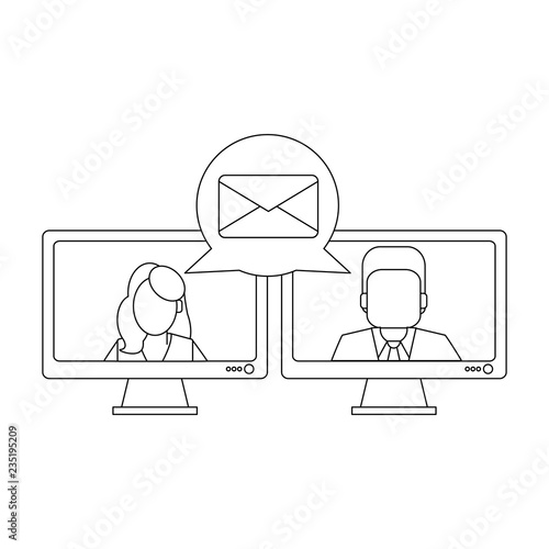 Business people sending email black and white