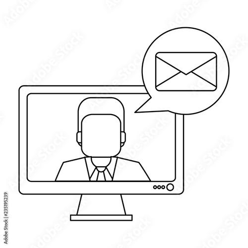 Businessman sending email on computer screen black and white
