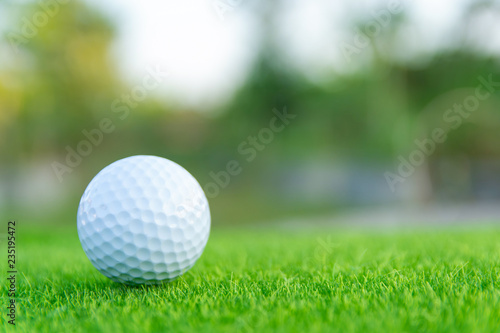 Golf ball on green grass ready to play at golf course. with copy space