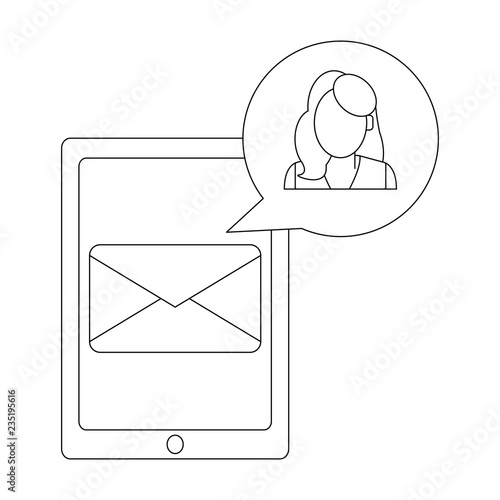 Smartphone sending email to businesswoman black and white