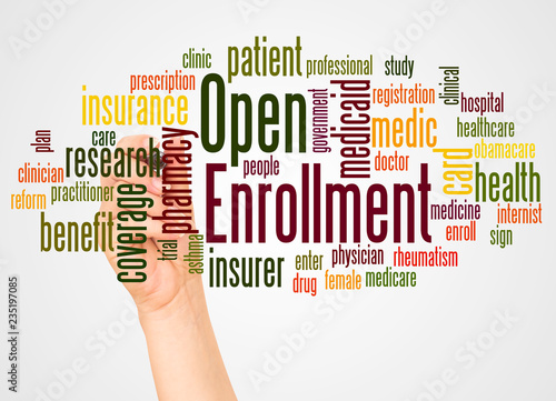 Open Enrollment word cloud and hand with marker concept
