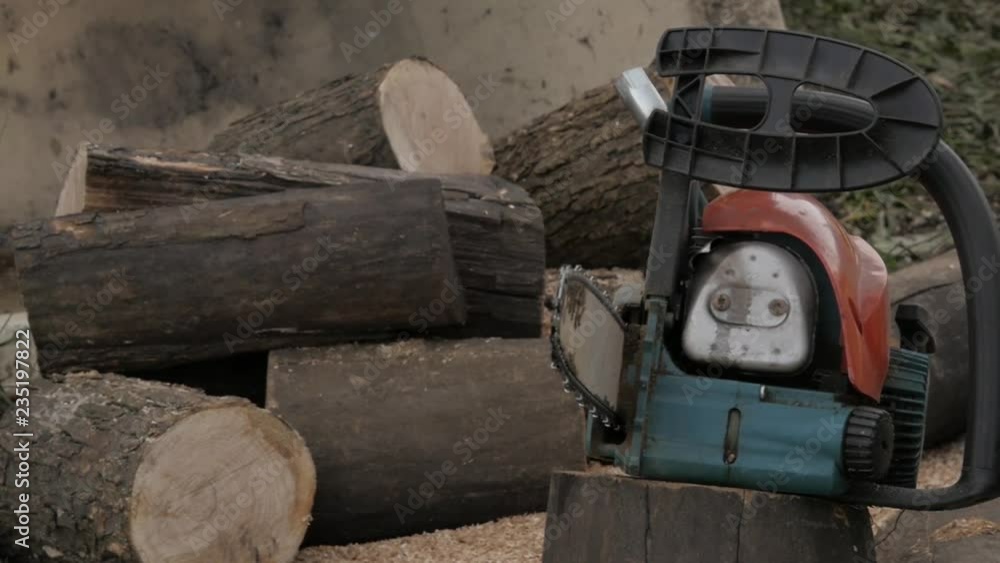 chainsaw on the background of sawn logs. slow motion chainsaw on the background of sawn logs. slow motion