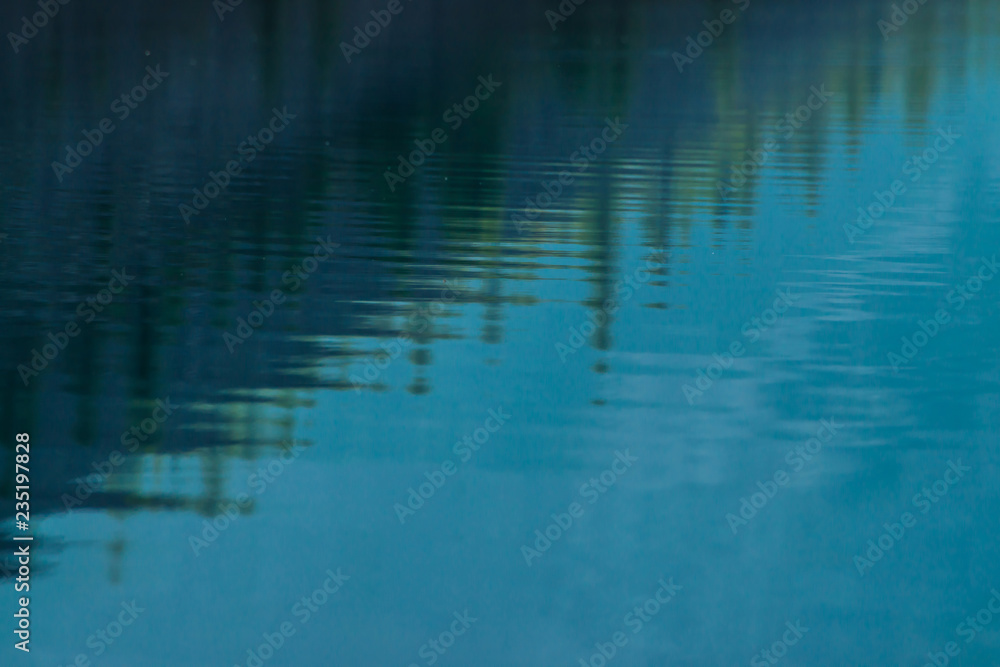 Shiny texture of surface of mountain lake. Background with reflection of green mountains with tops of conifer trees in clear water in sunny day under blue sky. Coniferous forest reflected in water. Shiny texture of surface of mountain lake. Background with reflection of green mountains with tops of conifer trees in clear water in sunny day under blue sky. Coniferous forest reflected in water.
