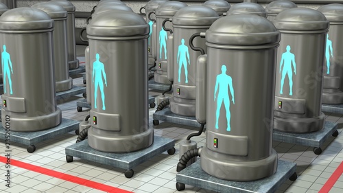 Life support chambers, cryonic tanks containing people. 3d render photo