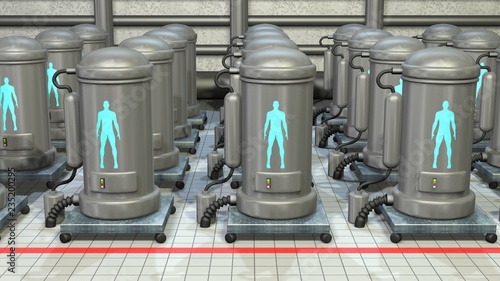 Life support chambers, cryonic tanks containing people. 3d render	 photo