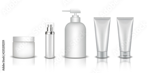 Set of Realistic cosmetic bottle on a white background. Cosmetic package collection for cream, soups, foams, shampoo, glue. Mock up set for brand template.