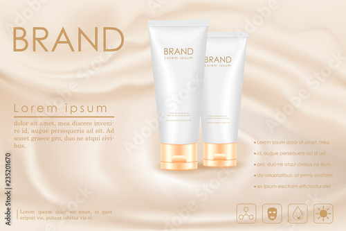 Cosmetic products ad, abstract background with beautiful lotion containers in vector 3d illustration