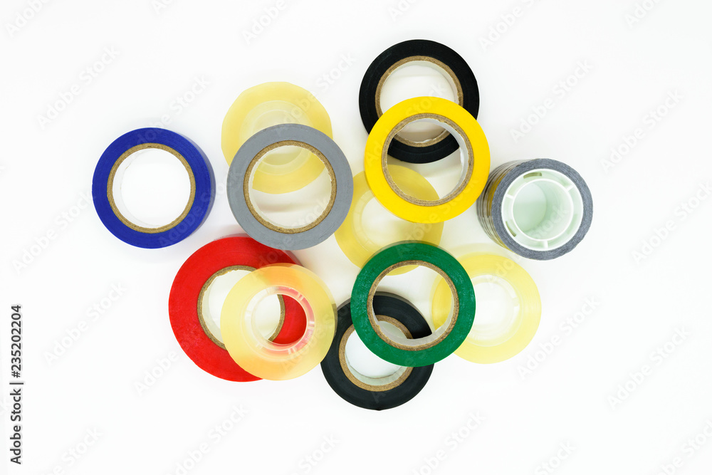 Various colors round adhesive tapes on white background surface Various colors round adhesive tapes on white background surface