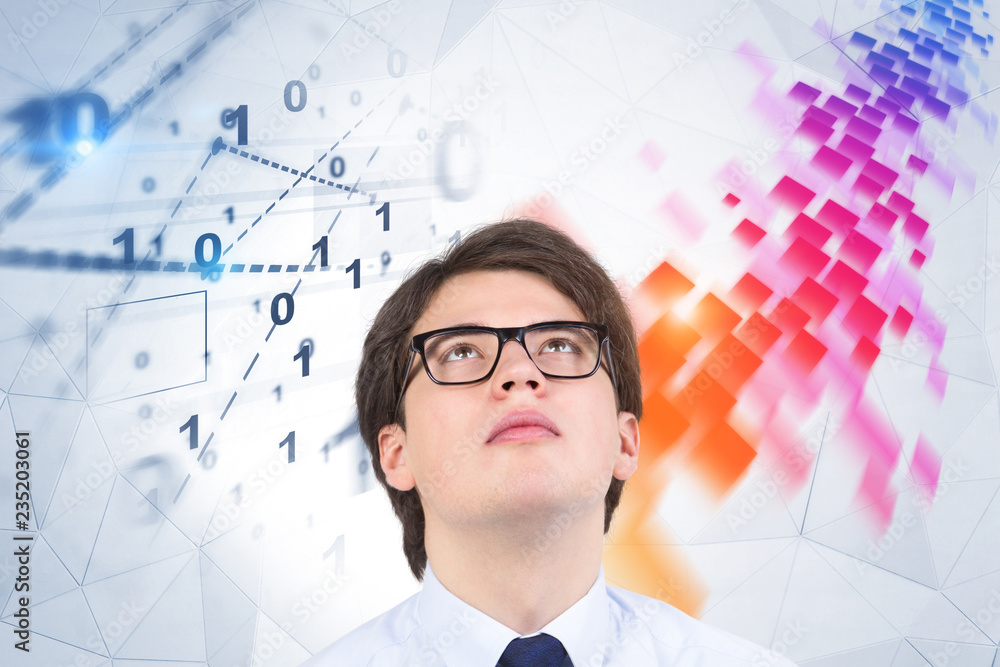 Businessman in glasses, digital interface Businessman in glasses, digital interface